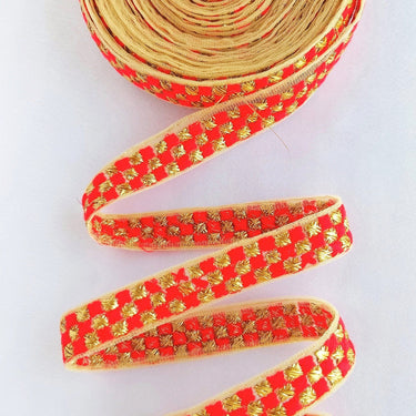 Beige Net Lace Trim With Beautiful Brown / Red And Gold Embroidery, Approx. 20mm wide